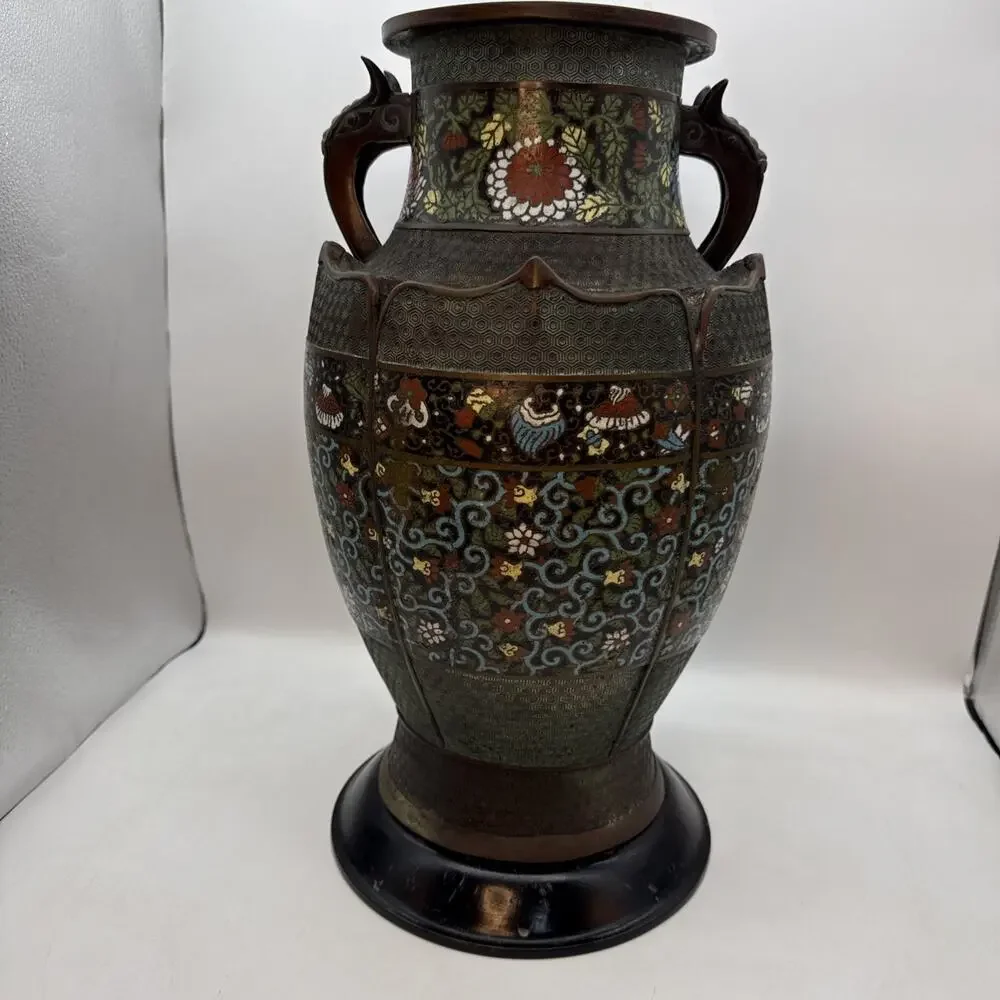 17.5” Antique Japanese Bronze Champleve Cloisonné Enamel Vase Dragon Handles ⬇️